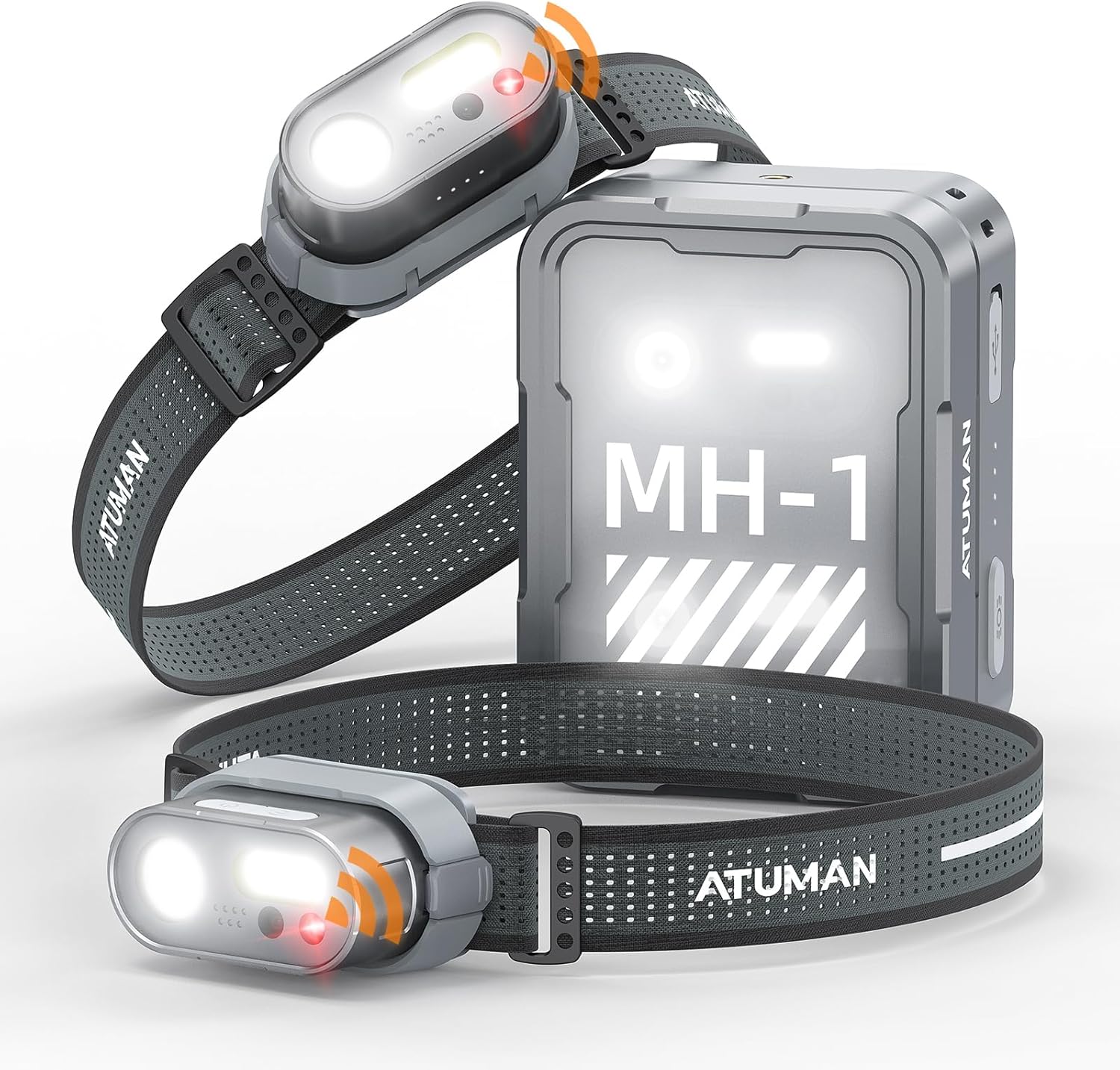 ATuMan MH1 Headlamp Rechargeable, Head lamp 2 Packs with Charging Case Intelligent Multifunctional Headlight with Red Warning Light & 7 Lighting Modes & Motion Sensor for Outdoor Camping Hiking